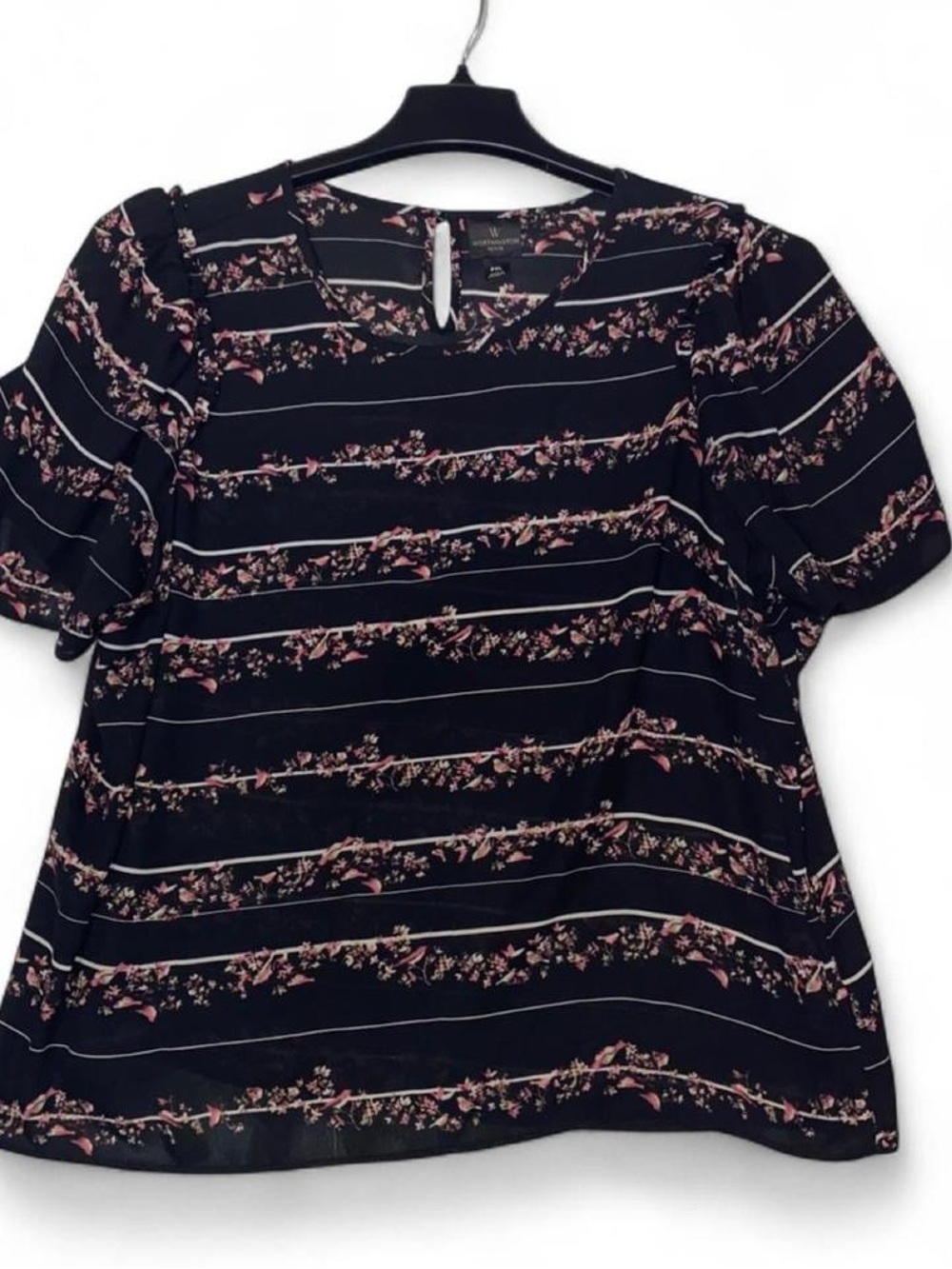 Worthington Black Blouse with Pink Floral Stripe Accents